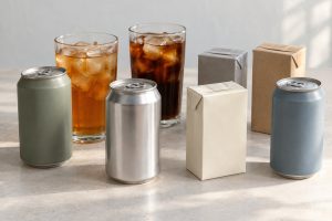 Plain unprinted cans and drink cartons in neutral colours beside two tall glasses of iced tea and dark soft drink on a light surface.