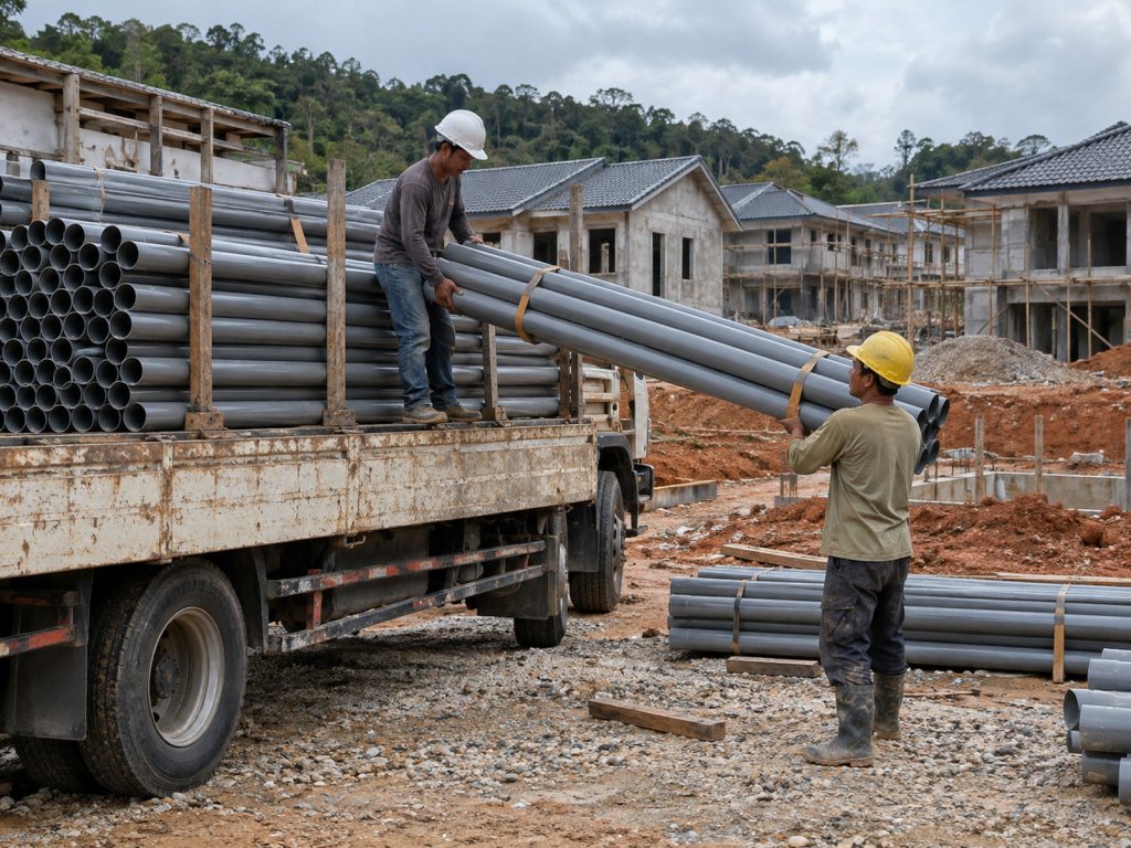 Two workers unloading bundles of grey PVC pipe from a flatbed lorry at a housing construction site.