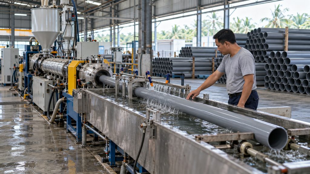 A worker beside a pipe extrusion line, with a grey PVC pipe passing through a water cooling bath and stacks of pipe behind.