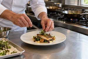 A chef in a white jacket, hands only, plating a fish dish with tweezers on a stainless steel worktop, with pans on a gas range behind.