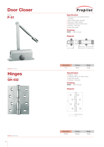 GERE catalogue page with a door closer and hinges, with specifications and diagrams